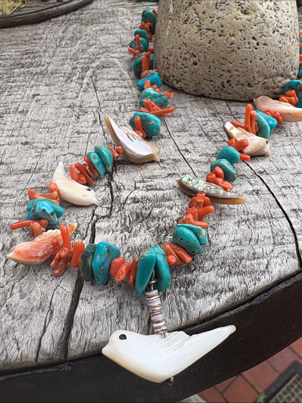 Handcrafted Turquoise & Coral Fetish Bird Pendant Necklace Native American